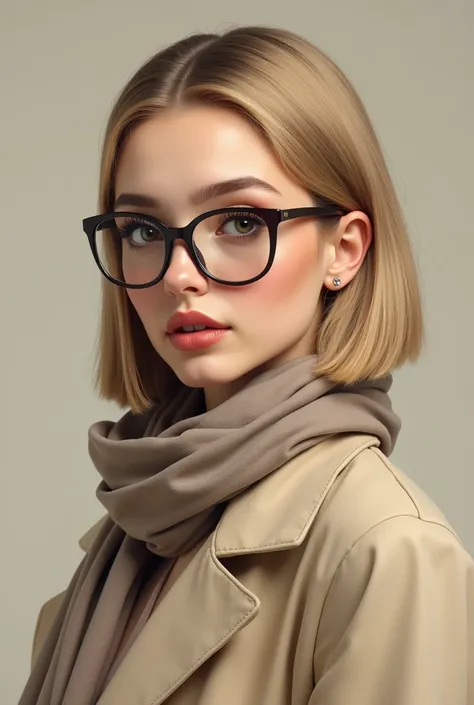 Young woman with blond straight hair behind her ear ,  full lips and beautiful eyelashes with glasses wearing a beige coat and a long scarf