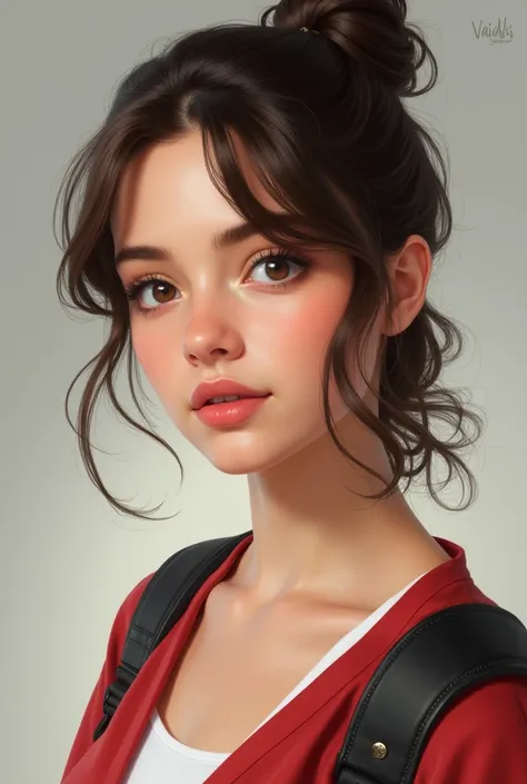 Make a portrait of a girl who are in her college uniform, has a short wavy hair with a Bangs that are in the pony tail form, has brown eyes, pointed nose and a pinkish kissable lips, she has a mole on her left lips