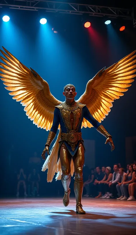 "A captivating grand stage performance featuring a single fantastical character—a majestic fusion of a man and a golden falcon. This hybrid being has the upper body of a man dressed in a royal blue and gold outfit, seamlessly blending into powerful golden ...