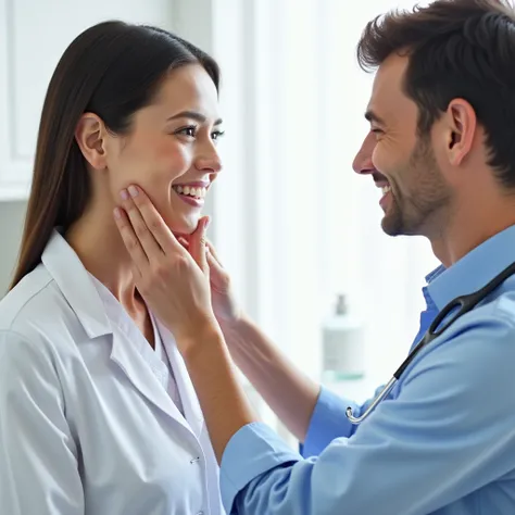  professional photo, Attentive doctor with a friendly face , treating a happy looking  at the doctors office,  white background