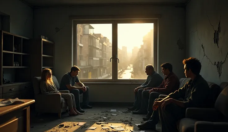 A group of survivors in an abandoned building. The environment is dark, with cracked walls and broken windows. Empty streets outside, with zombies wandering but not approaching the building. The setting sun creates long shadows. The building is dimly lit, ...