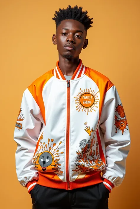 matric jacket for 2025 learners 

should be white & orange 
try cartoon designs
write a short message for 2025 learners 
must be stylish, bold, dope & young