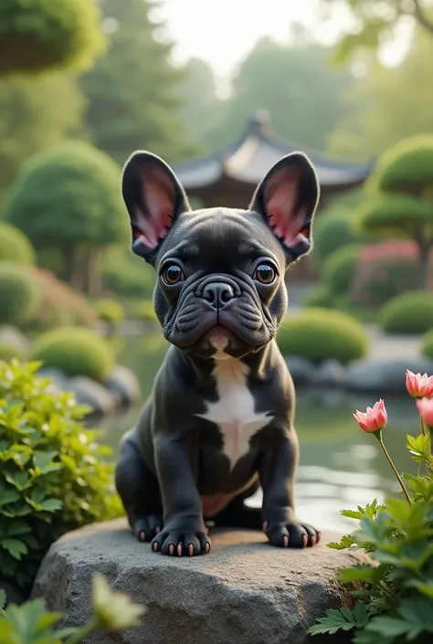 An adorable miniature hyper reality French Bulldog puppy, dark grey in color with a white patch on the chest, with large expressive eyes, standing in the garden on a rock. The puppy is so small that it can fit in one hand. The background Japanism garden