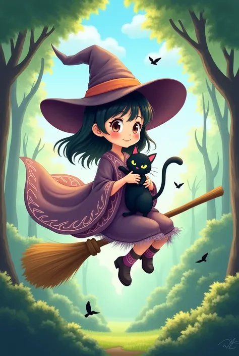 an anime style picture of a little  pretty witch is on the broom holding a black cat on her hands. under her there is a forest and a few birds around her