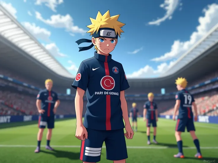 Créer une image réaliste de naruto uzumaki faisant parti de léquipe de football du paris saint germain au format paysage