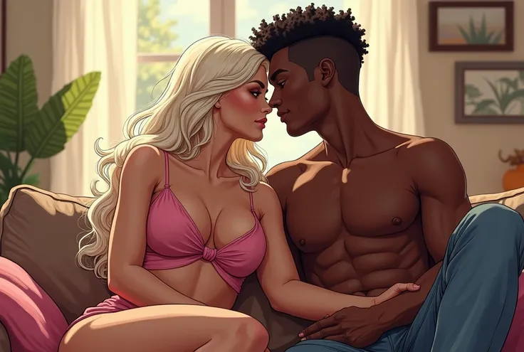 estilo dibujo color sexy  the white blonde milf mother poses with her sons boy young black friend, intimate poses from everyday life,