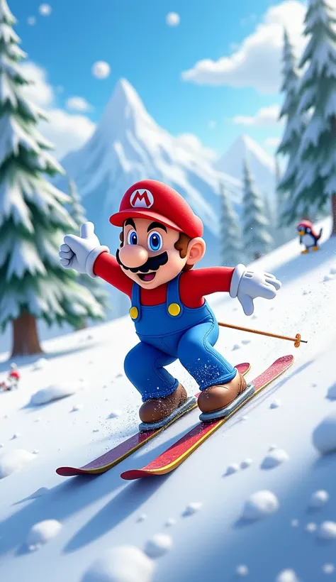 Mario (from Super Mario World) skiing in the snow