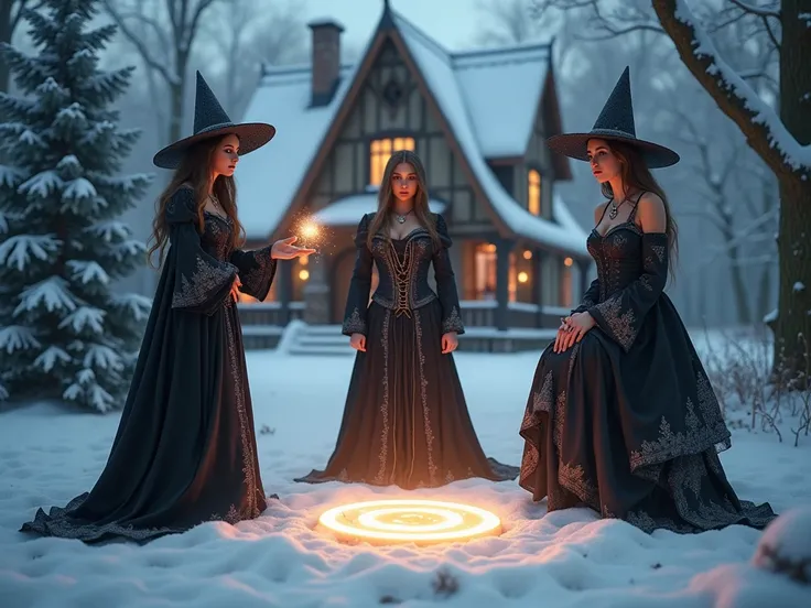  quality:
Full scene shot, (((masterpiece, high quality 16K, 32K))), (8k, HD,  ultra-hyperrealistic : 1.3).

atmosphere:
A magical,  snowy winter landscape with a mystical ,  mysterious mood .  The background shows a snowy witch house in the style of Hanse...