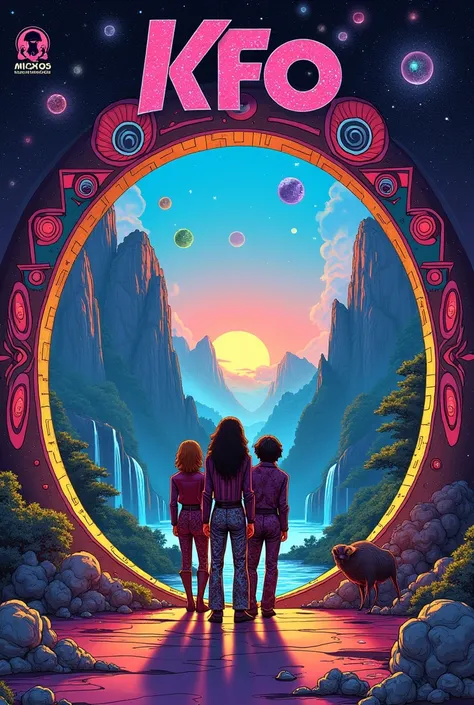  1970 rock band album cover . band: KFO. album: Wild Ride. Estilo da band:  Classic Hard Rock ,  Psychedelic and Progressive ; cover art:  Design in the 80s art style .  A cosmic portal where you can see a paradisiacal landscape of waterfalls 