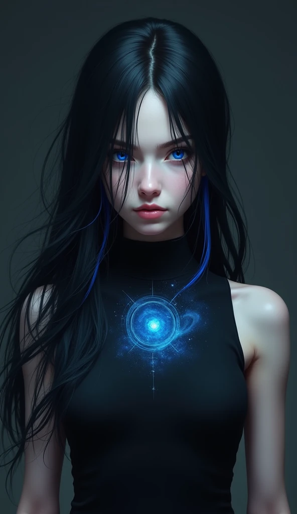 Girl with long black hair with tips painted blue with strong blue eyes looking serious in black sleeveless t-shirt with universe neckline behind her 