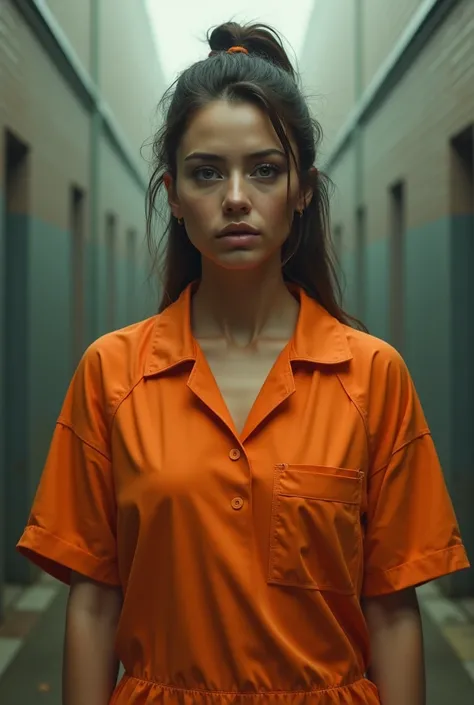 a  woman in an orange prison uniform