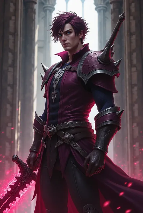 Create final fantasy style a handsome man with short burgundy hair with blue eyes wearing a burgundy metallic vest with white details with a demonic burgundy sword on his back with a burgundy pulsating energy sphere in a medieval castle 