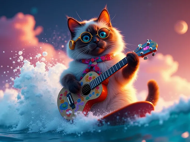 Spectacular Full body view of a super adorable and captivating rainbow colored fluffy bold flowery hipster Burmese cat surfing a wave in vibrant collage fashion, modeling retro flair against a polychromatic dreamscape. Posing with diamond ukulele, Textured...