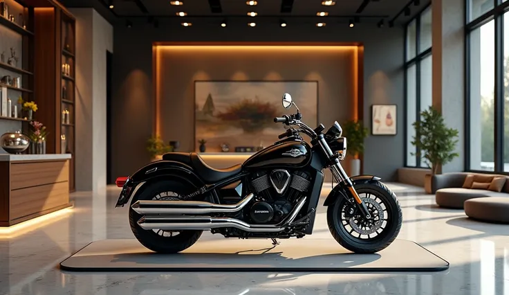 A luxury motorcycle showroom with high ceilings, large glass windows, and contemporary décor. The Suzuki Boulevard C50 is positioned prominently in the center, its chrome and black finish gleaming under soft, focused lighting. The bike’s vintage-inspired d...