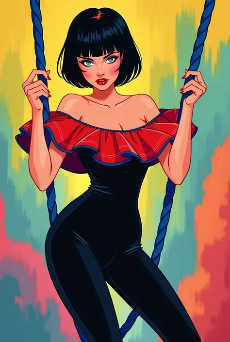 Vector illustration, 1girl, solo, minimalist, flat color, A Female with bob black haircut with blue eyes and Red lips, bare shoulders, wearing a stylish black jumpsuit. The jumpsuit features a red off-the-shoulder ruffle at the top, which is accented with ...