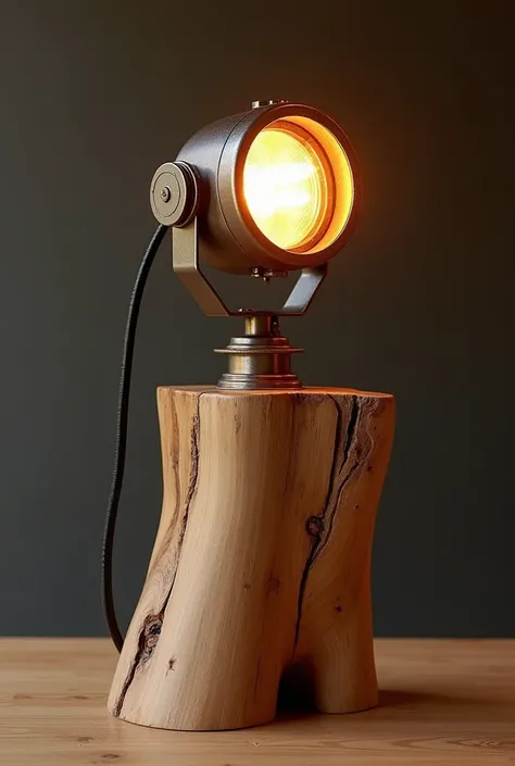  Lamp made of natural wood, with vintage spotlight ,  touches of copper wire ,  interior decoration ,  Futuristic Design  