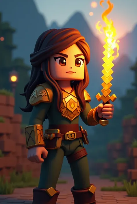 Alex the Minecraft girl holding a diamond sword and a gold breastplate movie version