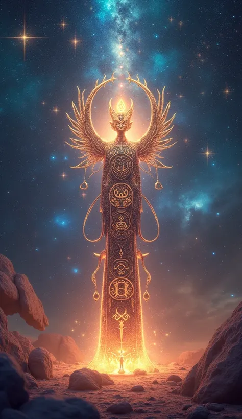 A magical ceremony in the heart of a glowing nebula, where each zodiac sign manifests as a radiant totem. The totems are intricately designed with celestial patterns and crowned with their respective constellations. The atmosphere is filled with soft whisp...