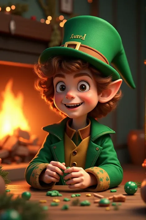  You can create the image of a very smiling young man , with a leprechaun costume ,  with very curly hair  , very light brown skin ,  making a toy , with a fireplace background  ,  on the hat with the name of  " EDUARDO  "