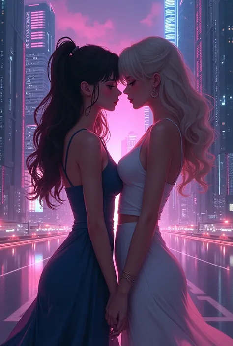 Create an image based on the lyrics and video of something about US by Daft punk but based on a relationship between two women and who look like the characters in the video version anime but with the theme of the video