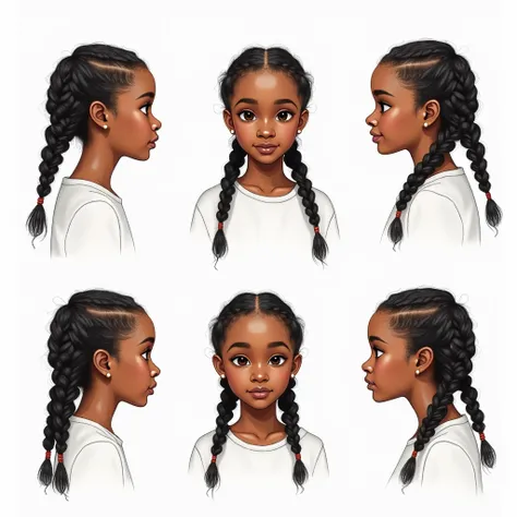 Create a pencil drawing in color artistic image of various facial angles of Remi, a young beautiful black teenage of 1-years-old with dark brown eyes and long, loose black braids with extensions that fall naturally. Illustrate her face in the following pos...