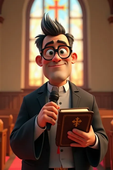 Image in Disney Pixar of a 58-year-old white pastor, black hair with a white streak in the topknot, with black square glasses with the bible in one hand and the microphone in the other hand