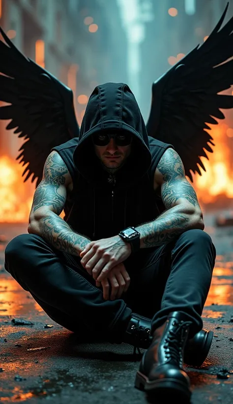 The hyperrealistic image shows a handsome rocker man, very desperate, lots of tattoos, black hoodie with black hood, big black wings, no face visible and high rocker boots, sitting in a dark and claustrophobic three-dimensional space, full of mirrors, with...