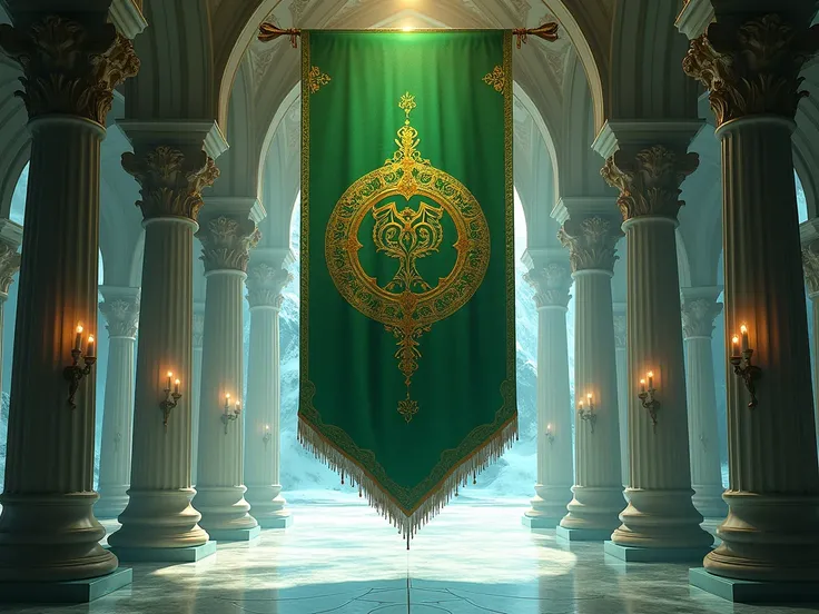 A green and gold royal banner in a elven castle in a glacial biome with a life symbol, realistic, Foto RAW, 8k, absurdres, ultradetailed