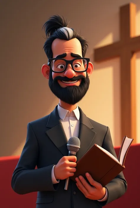 Image in Disney Pixar of a 58-year-old white pastor, black hair with a white streak in the topknot,  With a black beard , with black square glasses with the bible in one hand and the microphone in the other 