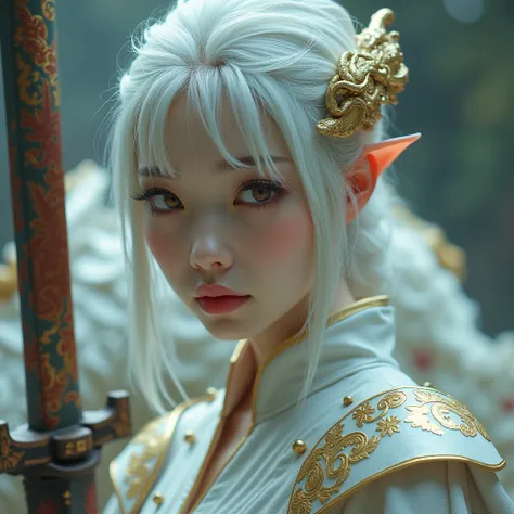 (nsfw) sexy erotica, (large cleavage,Big tits),(1 girl,korea face sexy 18 year old girl , pale skin, (body heigth:140cm), innocent look, Young face,white hair,Onna-bugeisha with bow and arrow on a white dragon,( She wields a massive demonic sword,, drippin...