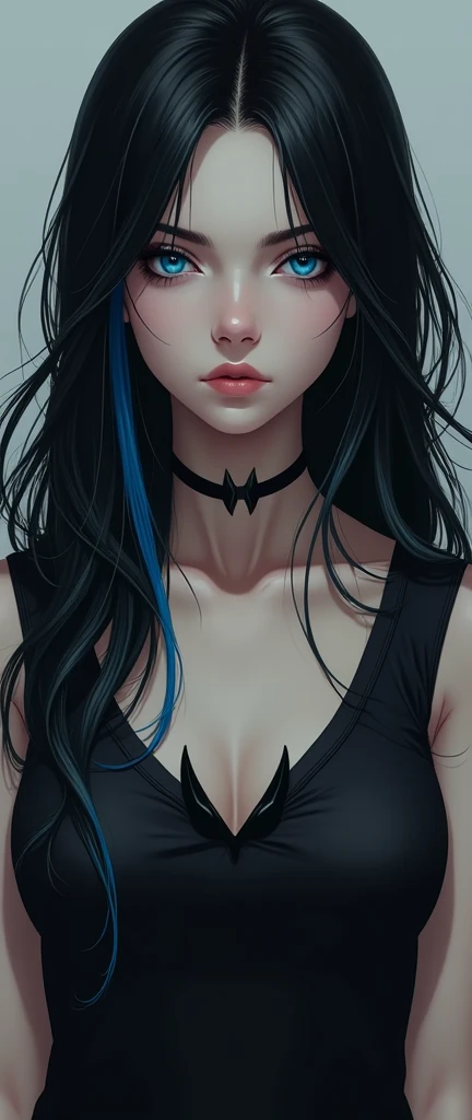 Girl with long black hair with the tips painted blue with strong blue eyes with a serious look in black sleeveless t-shirt with a winged neckline 