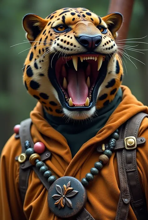  Je veux créer limage dun guerrier aztèque-mexicain vêtu dune tenue historique en peau de jaguar, avec une bouche de jaguar ouverte, une visière en bois, sans tête de jaguar, et portant des peintures tribales ainsi que des bijoux en obsidienne, des dents e...