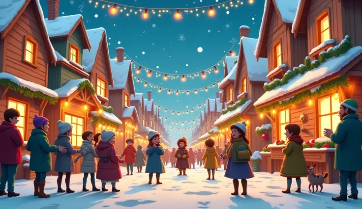 A beautifully lit street with sparkling lights, decorated homes, and people celebrating joyously." Cartoon
