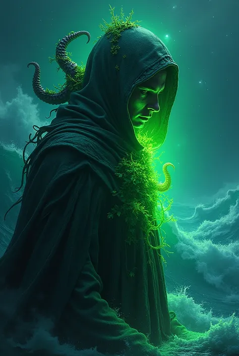 A monk with a profile hood that expels a very strong neon green light, such as a neon light bulb, from inside the hood, full of algae, mollusks, clams, in a wild sea at night, some octopus tentacles also coming out in a range of purple with green lights. 