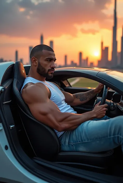 A muscular man with a buzzcut hairstyle sitting confidently inside a luxurious Bugatti. The car is parked with the iconic Dubai skyline visible in the background, featuring towering skyscrapers and a vibrant sunset. The man is wearing a sleek, modern outfi...