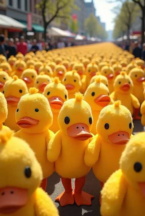 Many people together all wearing duck costumes