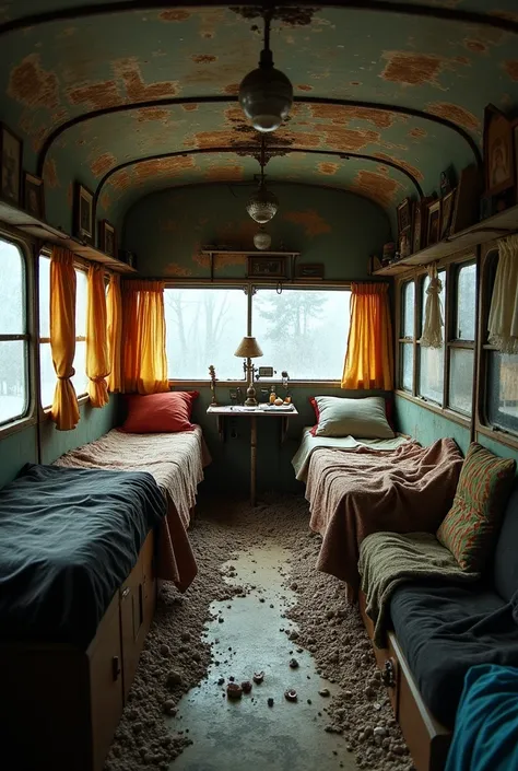 Can you create an image of the interior of an abandoned Moldovan bus? The interior is now a poor house