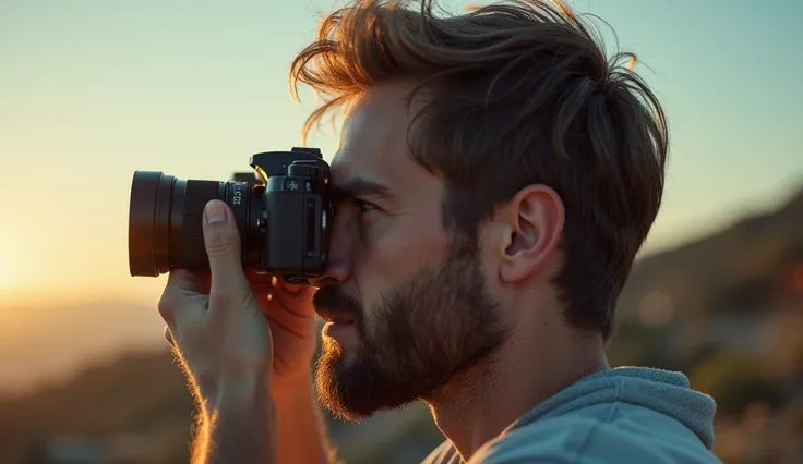 Create a photo of a man from the future looking at the camera