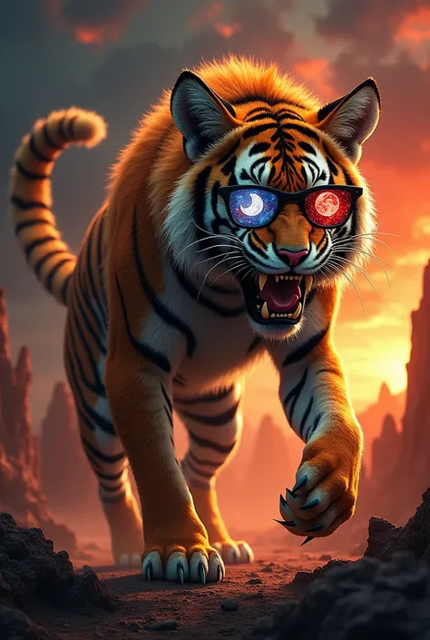 The model is wearing glass sunglasses with stars and the moon on the glassA monstrous hybrid creature blending the ferocity of a tiger and the cunning of a fox, with sharp, menacing features. It has the tigers powerful striped body and muscular limbs combi...