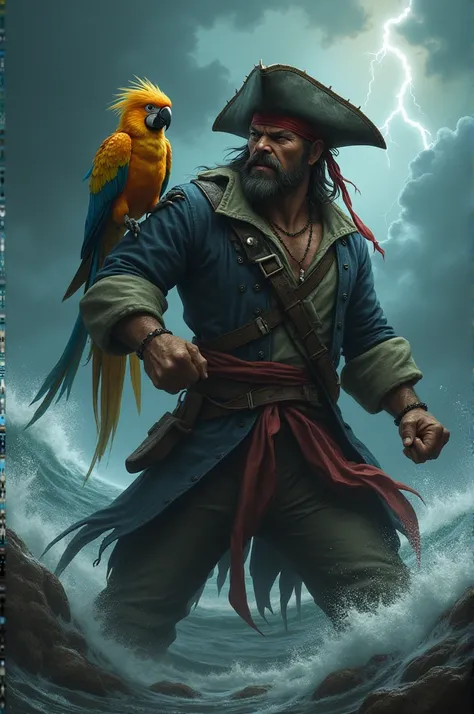 Create an image where a [Pirate] and a [Parrot] are placed together, both in an angry, intense mode, facing each other. The pirate should have a fierce scowl, with clenched fists, a tattered hat, and an eye patch, his posture menacing and ready for confron...