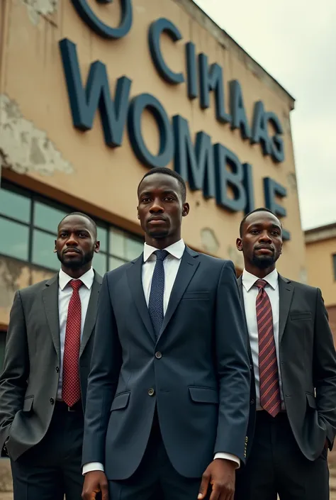 Generates an image of a well-groomed young Ivorian man arrested with Chinese and French foreigners talking in front of an Abidjan company that has worn a suit and in front of the company is a very visible logo called “W O M B L E” written in front of the c...