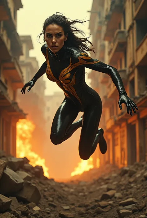 Alta qualidade, 8K Ultra HD, "A highly realistic and cinematic 8K image of a female Venom-like creature with a slim, defined, and agile body in vibrant gold tones. She is mid-leap, soaring from one war-torn building to another in an intense battlefield env...