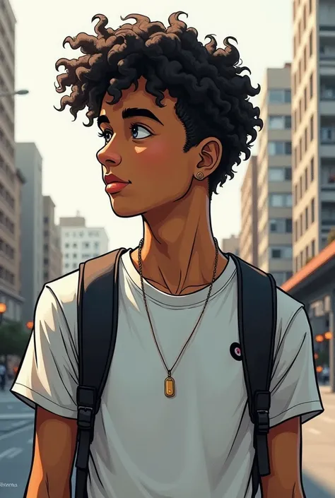  make a drawing that looks like a drawing with a profile image , Metropolis background of a man with curly hair , small hair size with little volume brown skin color black hair color, plump mouth ,  taking from the navel up ,  wearing a stylish t-shirt and...