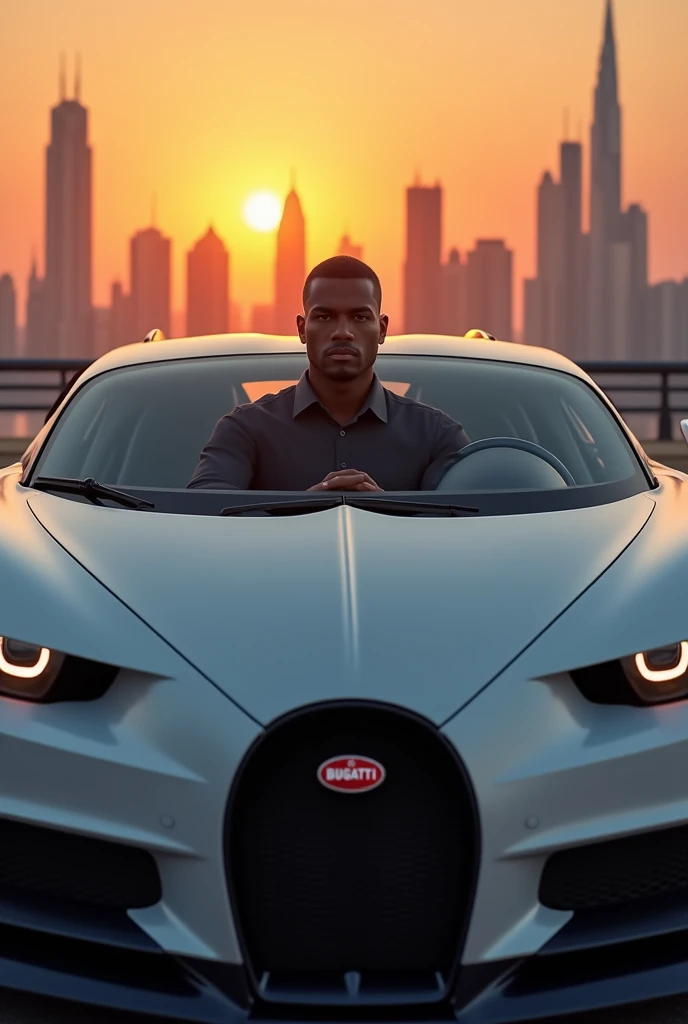 A man with a buzzcut hairstyle sitting confidently in the driver’s seat of a luxurious Bugatti. The car is positioned to prominently display the Bugatti logo on the hood. The backdrop features the iconic Dubai skyline with its towering skyscrapers, capture...