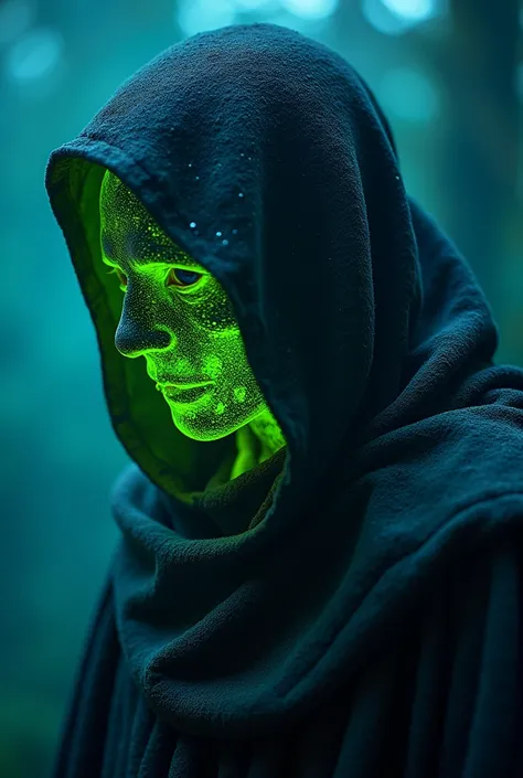 A monk with a profile hood that expels a very strong neon green light, such as a neon light bulb, from inside the hood, full of algae, mollusks, clams, in a wild sea at night, some octopus tentacles, also coming out in a range of purple with green lights b...