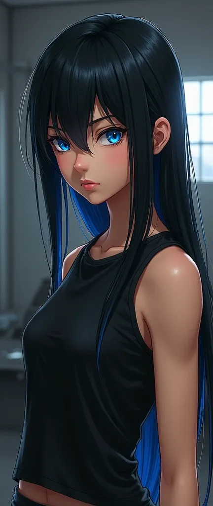 Girl with long black hair with tips painted blue with strong blue eyes looking serious in black sleeveless t-shirt with neckline in gym 