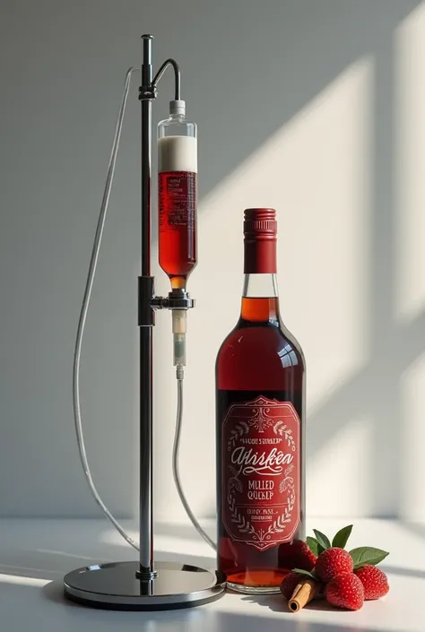 Infusion drip with a mulled wine bottle. There must be mulled wine on the bottle. The image should look real. 