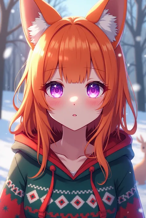 Bright orange female anime model Vtuber  with fox ears the same color as her eyes and sparkling purple eyes wearing a Christmas colored winter hooded sweater