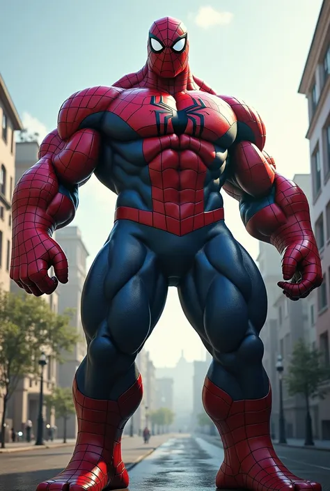 A muscular,hyper-realistic,16k resolution,unreal engine style Spiderman with Body physique and size of hulk shooting web out of his left hand like spiderman