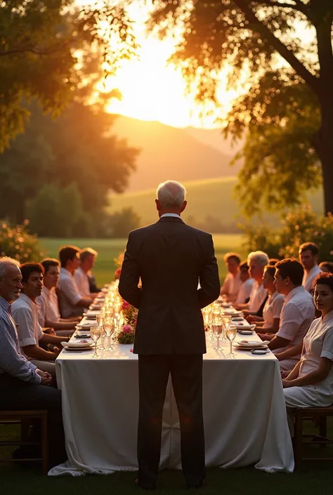 "An elderly man, elegantly dressed in a suit, stands in the center of a beautiful farm estate during golden hour. Around him, a large banquet table is set outdoors, decorated with fine linens, candles, and flowers, while staff members, including a gardener...